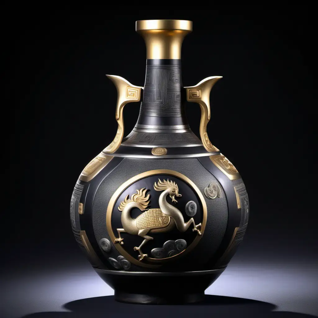 周朝时期的酒瓶形态设计，高端酒，形状奇怪，精密的产品照片图像，高细节，银黑哑光陶瓷与金色装饰，三套不同的方案
