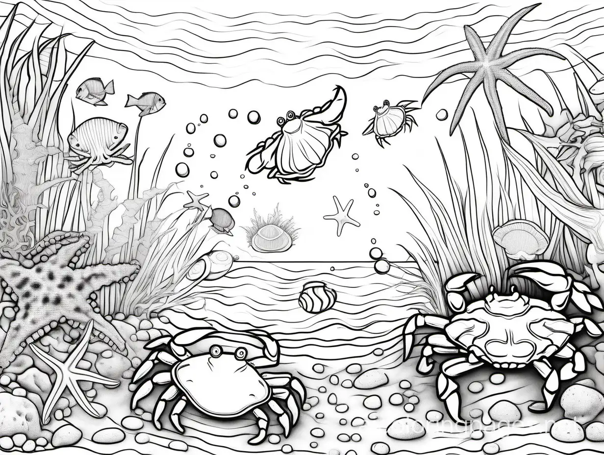  crabs, starfish, clams living on the ocean floor, style of da Vinci, Coloring Page, black and white, line art, white background, Simplicity, Ample White Space. The background of the coloring page is plain white to make it easy for young children to color within the lines. The outlines of all the subjects are easy to distinguish, making it simple for kids to color without too much difficulty