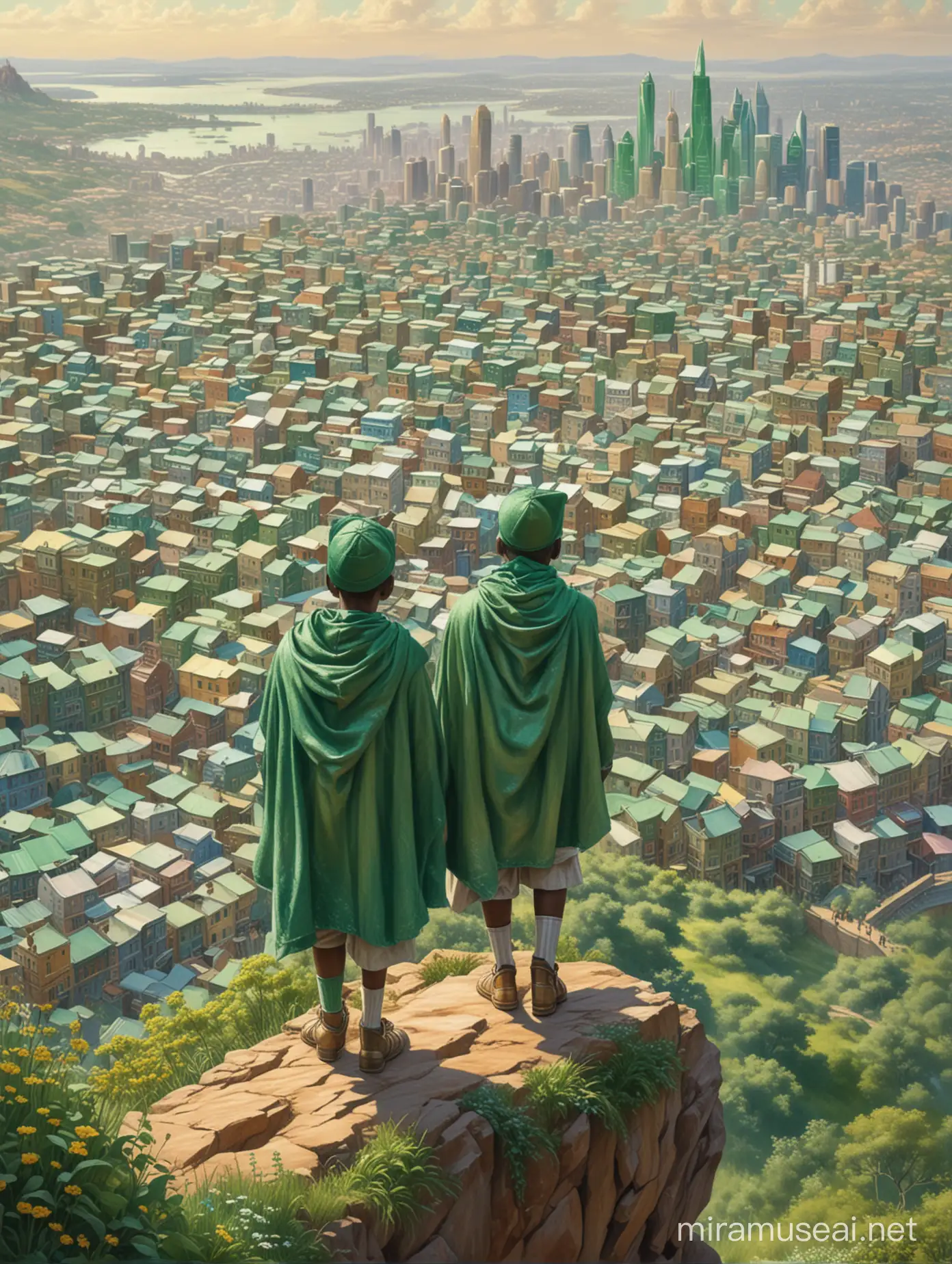 Aerial View of African Boys overlooking Emerald Citylike Landscape