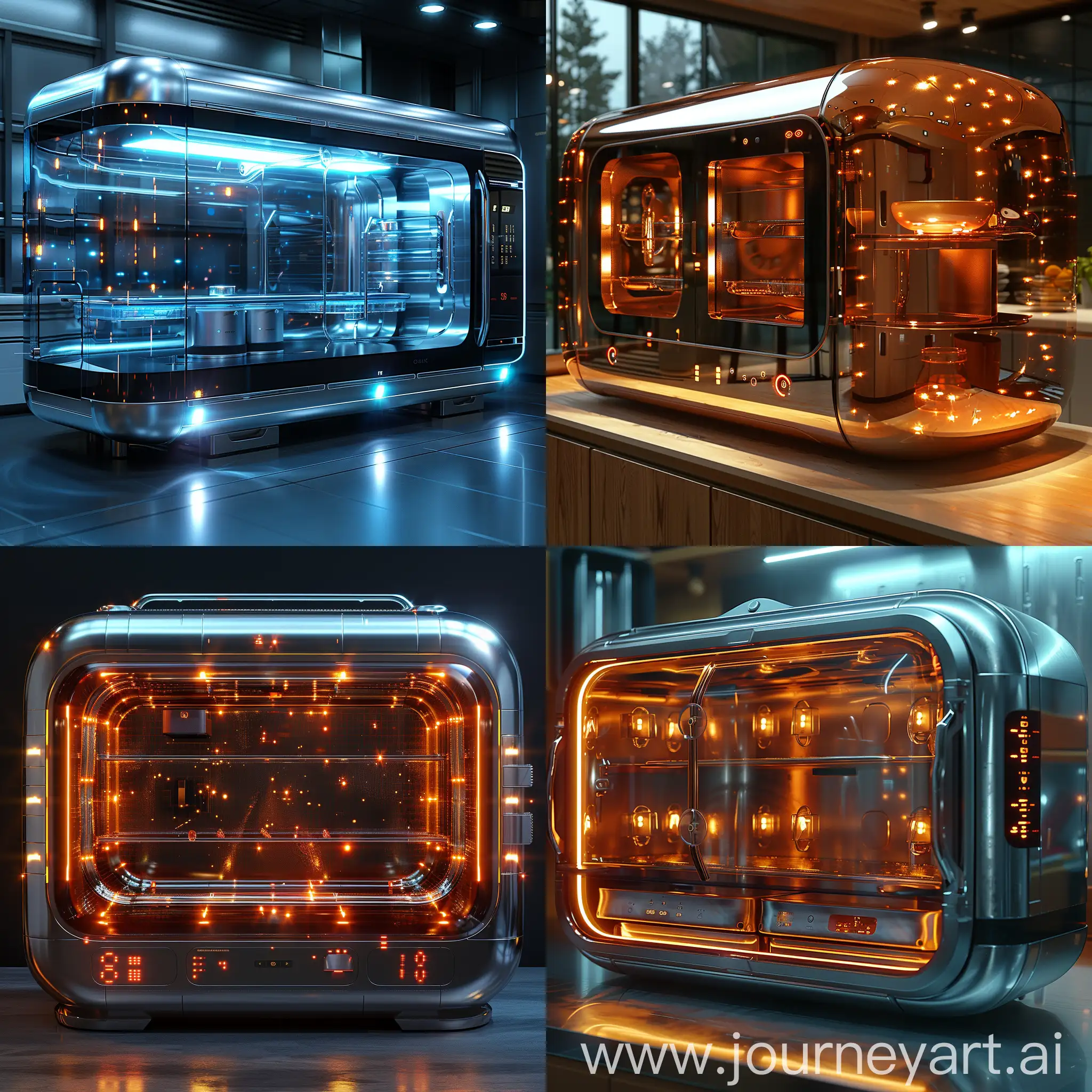 Futuristic microwave, ultra-modern, ultramodern, stainless steel and transparent materials, smart materials, high tech, octane render --stylize 1000