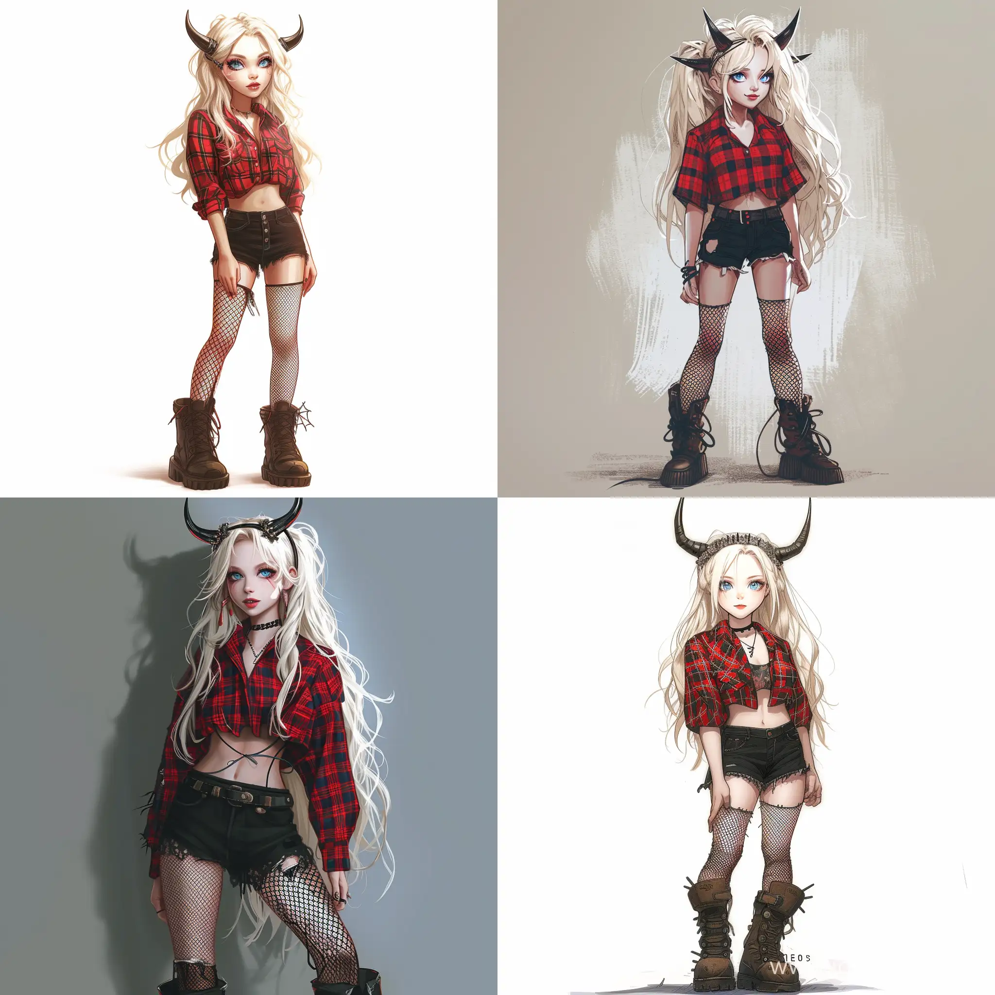 Beautiful girl, blonde hair, blue eyes, white skin, teenager, 15 years old, Halloween party, headband in the form of horns, red plaid shirt, black shorts, fishnet tights, heavy boots, high quality, high detail, cartoon art