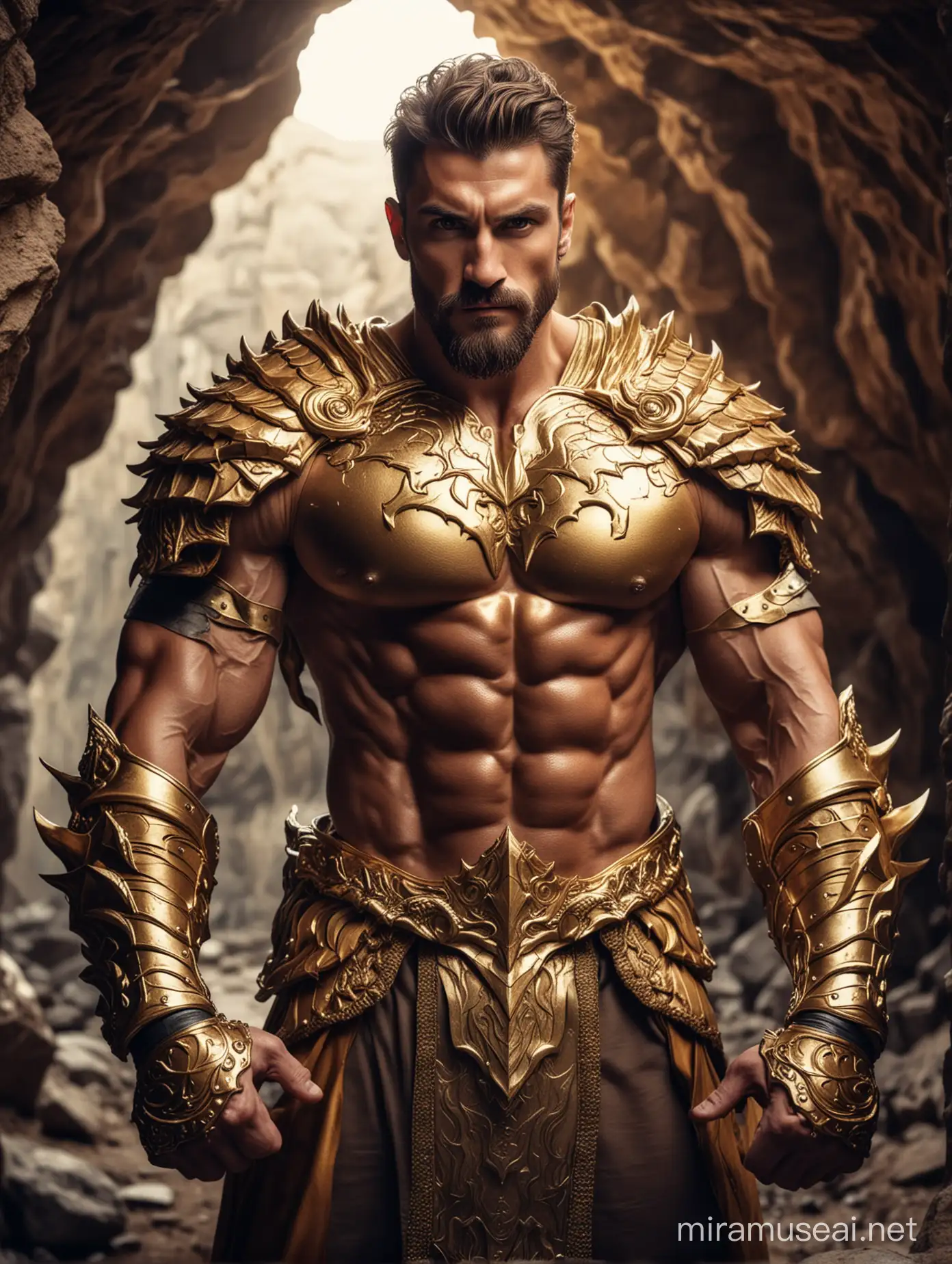 Tall and handsome bodybuilder men with beautiful hairstyle and beard with attractive eyes and Big wide shoulder and chest in golden armour suit fighting with dragon inside cave