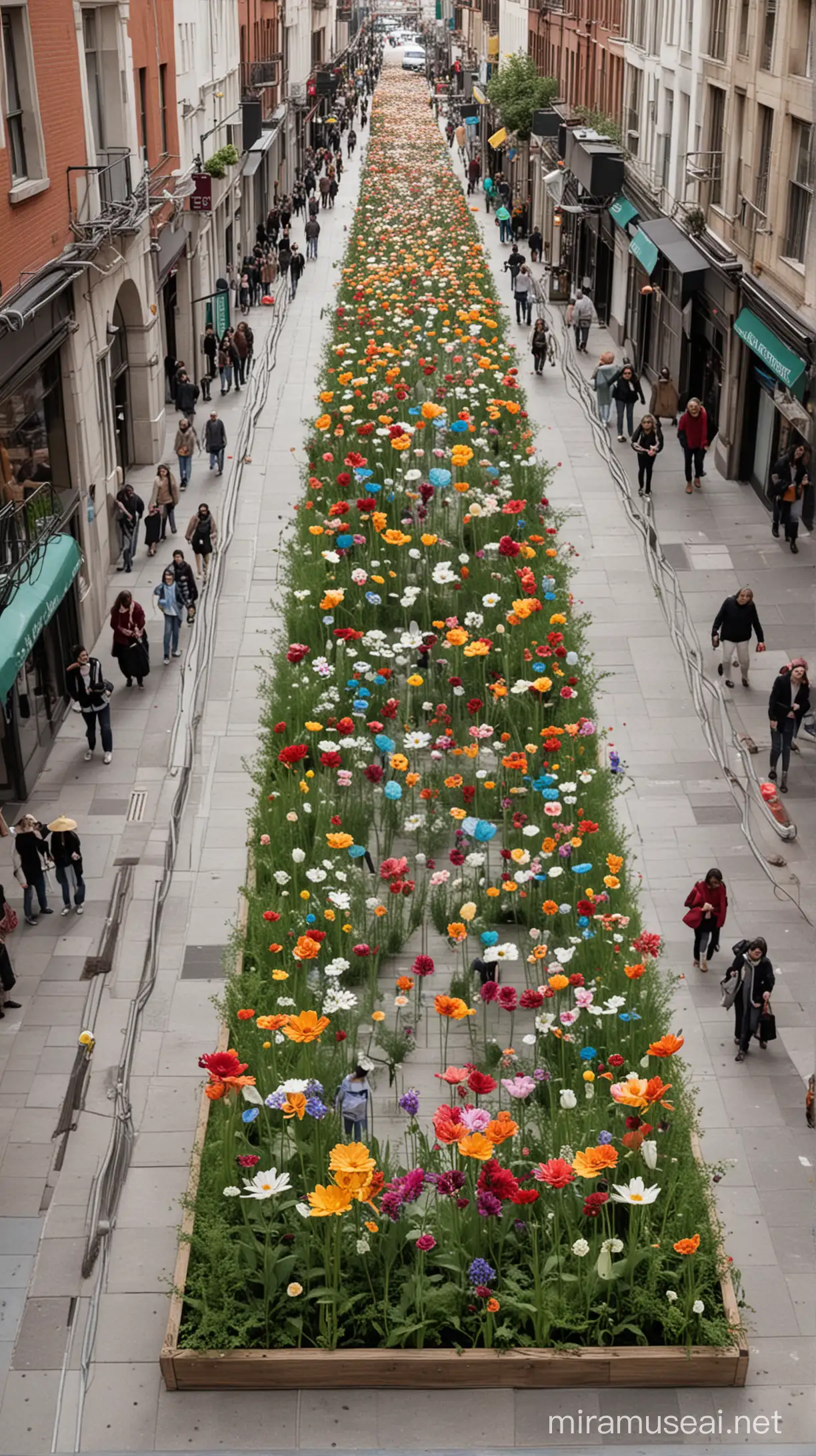 a installation garden of kinetic flowers made by recycle material that tracks people movement on the street 
