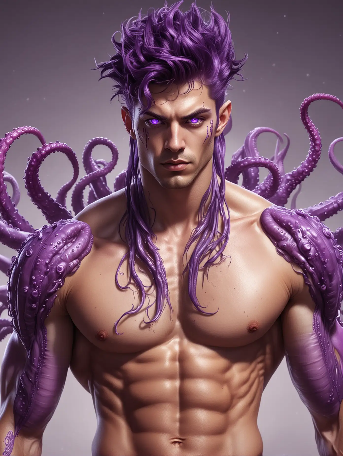 Illustration of a very handsome shirtless alien man with big purple tentacles, purple eyes, purple hair, nice abs