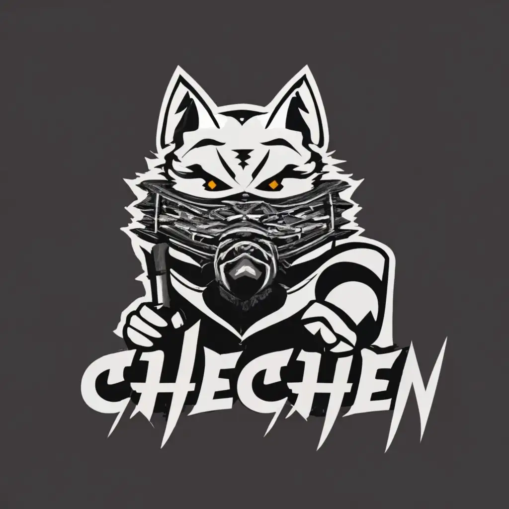 logo, Wolf in a mask with a weapon in hand, with the text "Chechen", typography