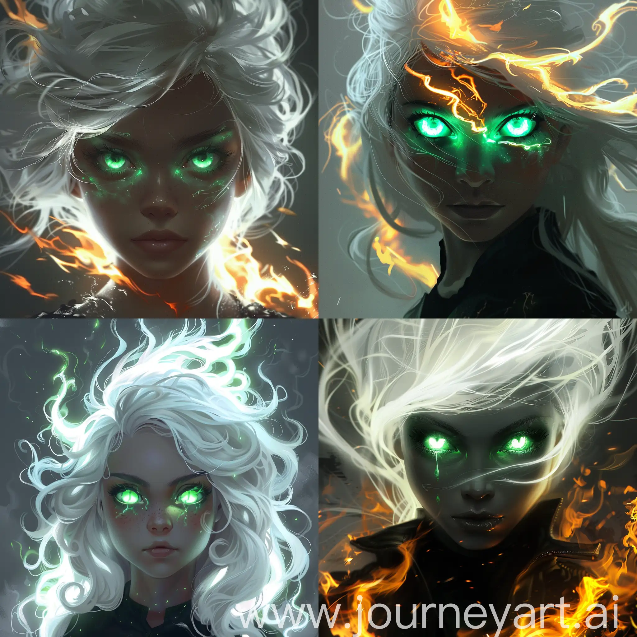девушка с зелеными светящимеся глазами с белыми огненосветящимися волосами