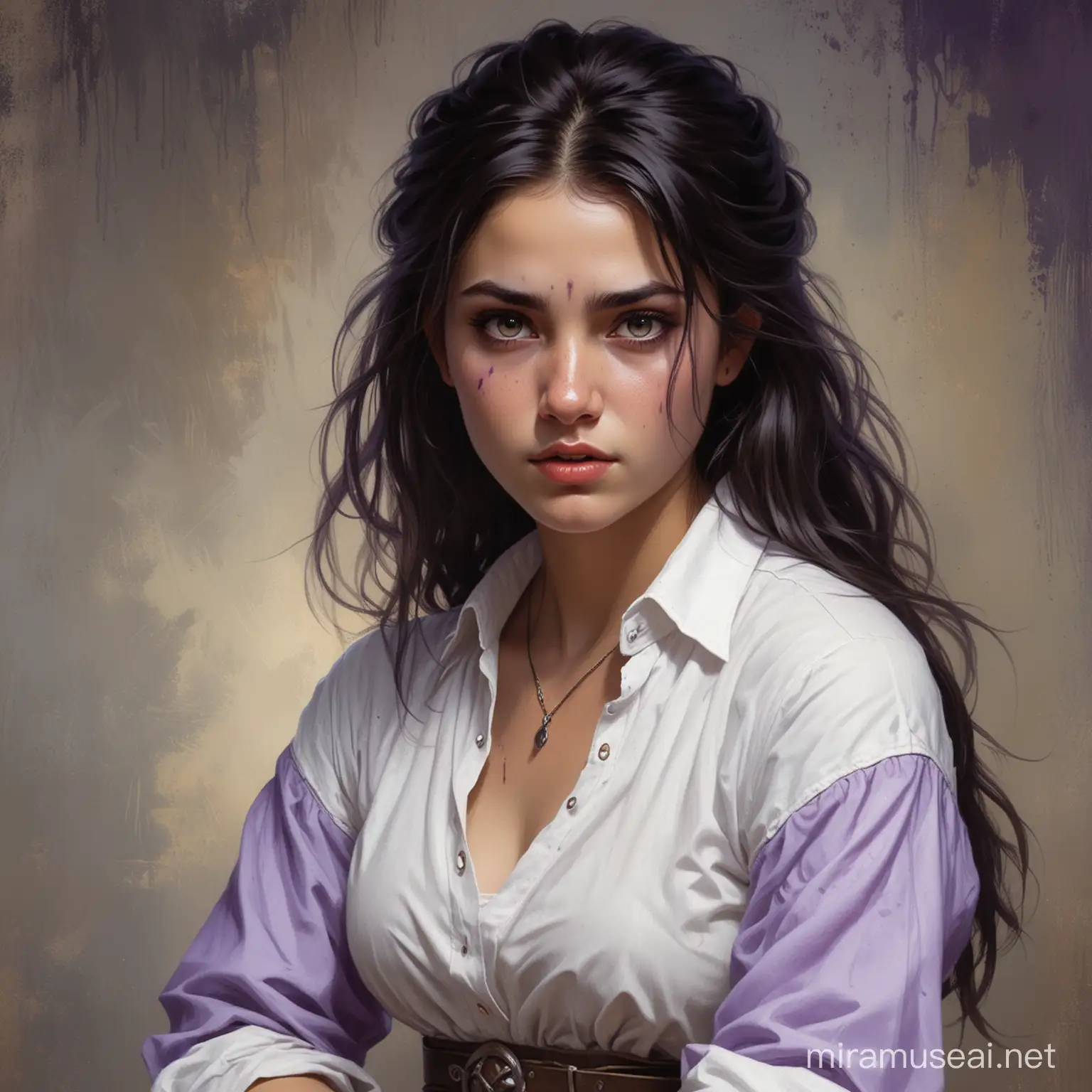 feisty young herder girl with an attitude, dark hair middle parted medium, white shirt. A purple birthmark over left eye, Medieval fantasy painting, MtG art