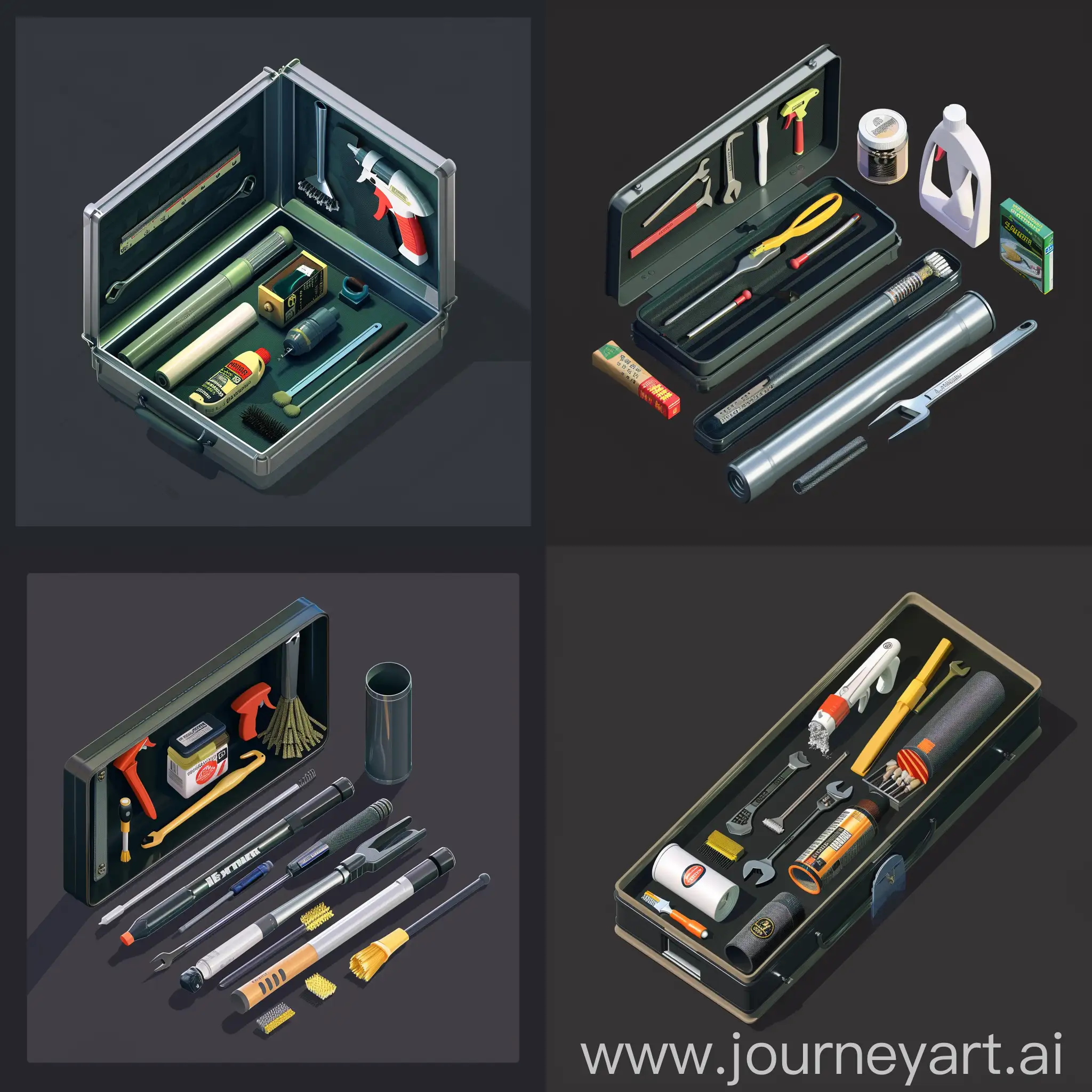 https://i.imgur.com/xMBDPmY.png isometric set of repair instruments industrial cleaning kit inside tiny very thin cylinder metal box in style of unreal engine 5, tools instruments grease cleaning kit, ultrarealistic style, isometric set, hard surface