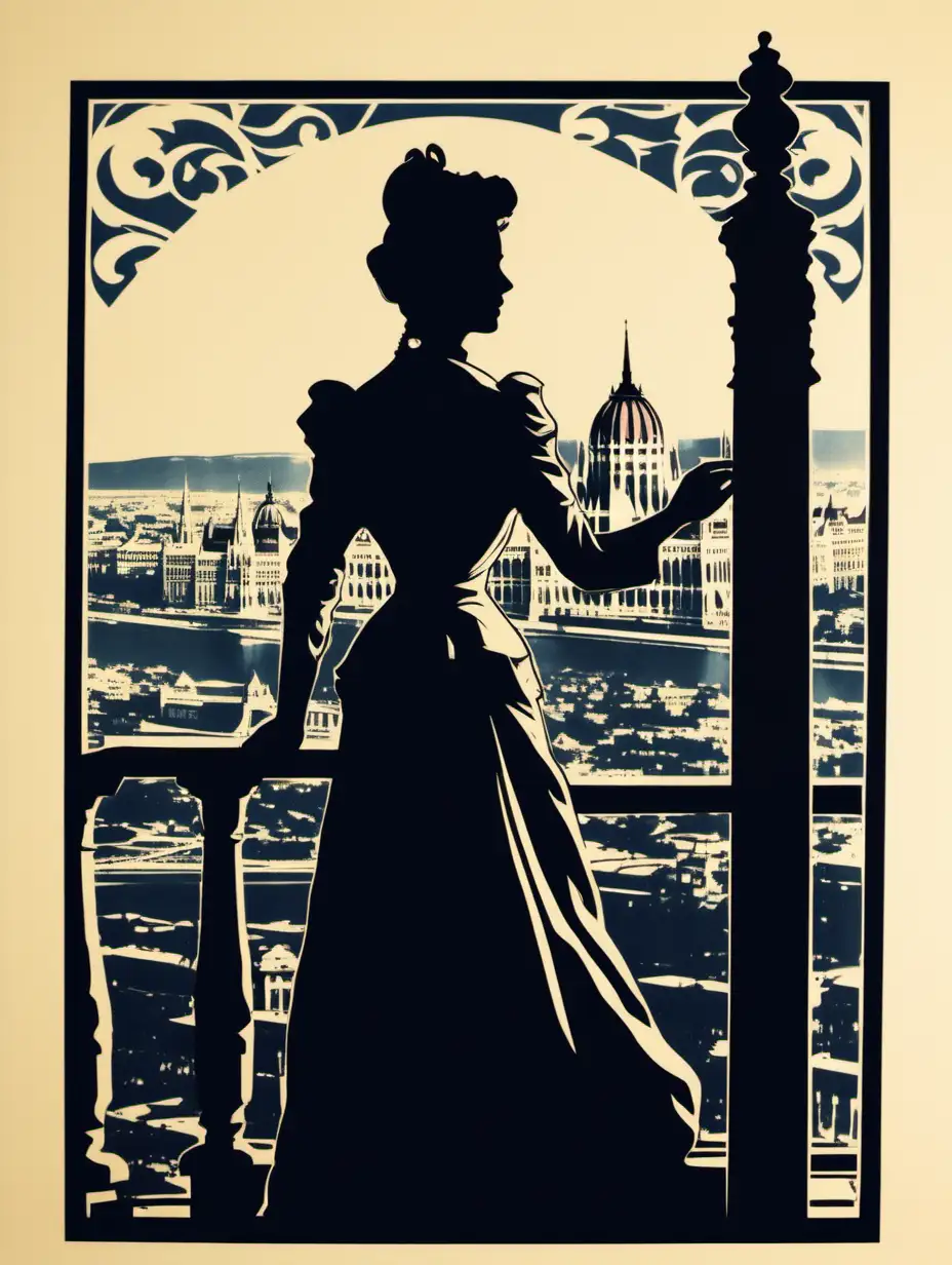 screen print of an aristocrat female in the earlier 1900s overlooking a silhouette of Budapest skyline in the background, full body, illustration style