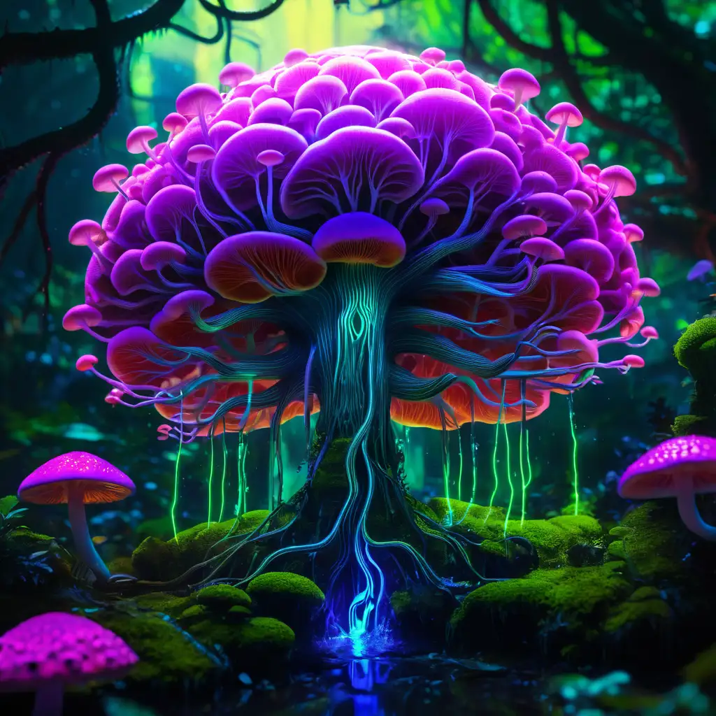 Futuristic fantasy artwork, human brain-shaped fungi Kingdom Queen, moss-covered fungi, translucent veins, wet appearance, neon colors, glowing details, UV lighting, ethereal ambiance, short-medium shot, dynamic focus, depth-of-field effects, rich detail, high contrast, dreamlike atmosphere, fantasy composition, integrated details, neon palette, magical storytelling.