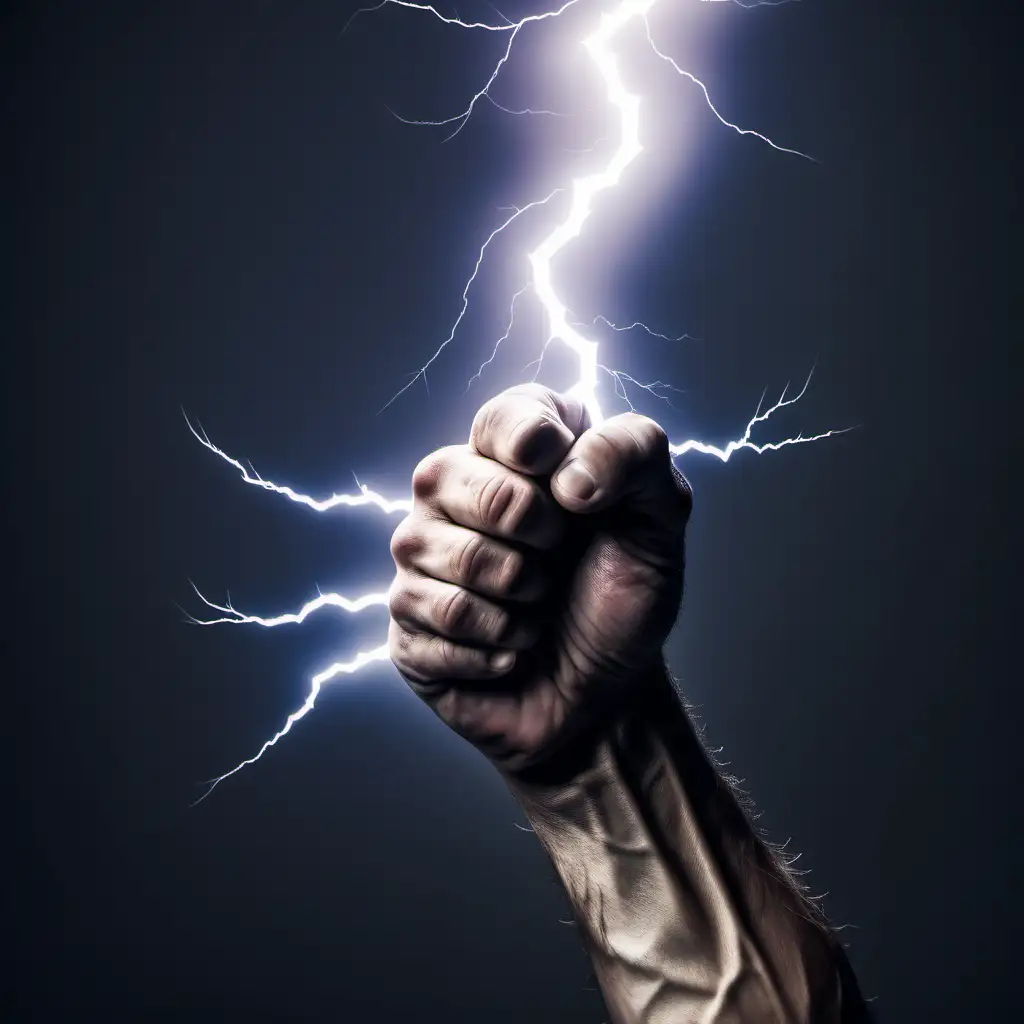 Powerful Hand Holding Lightning in Clear Light with Shadow