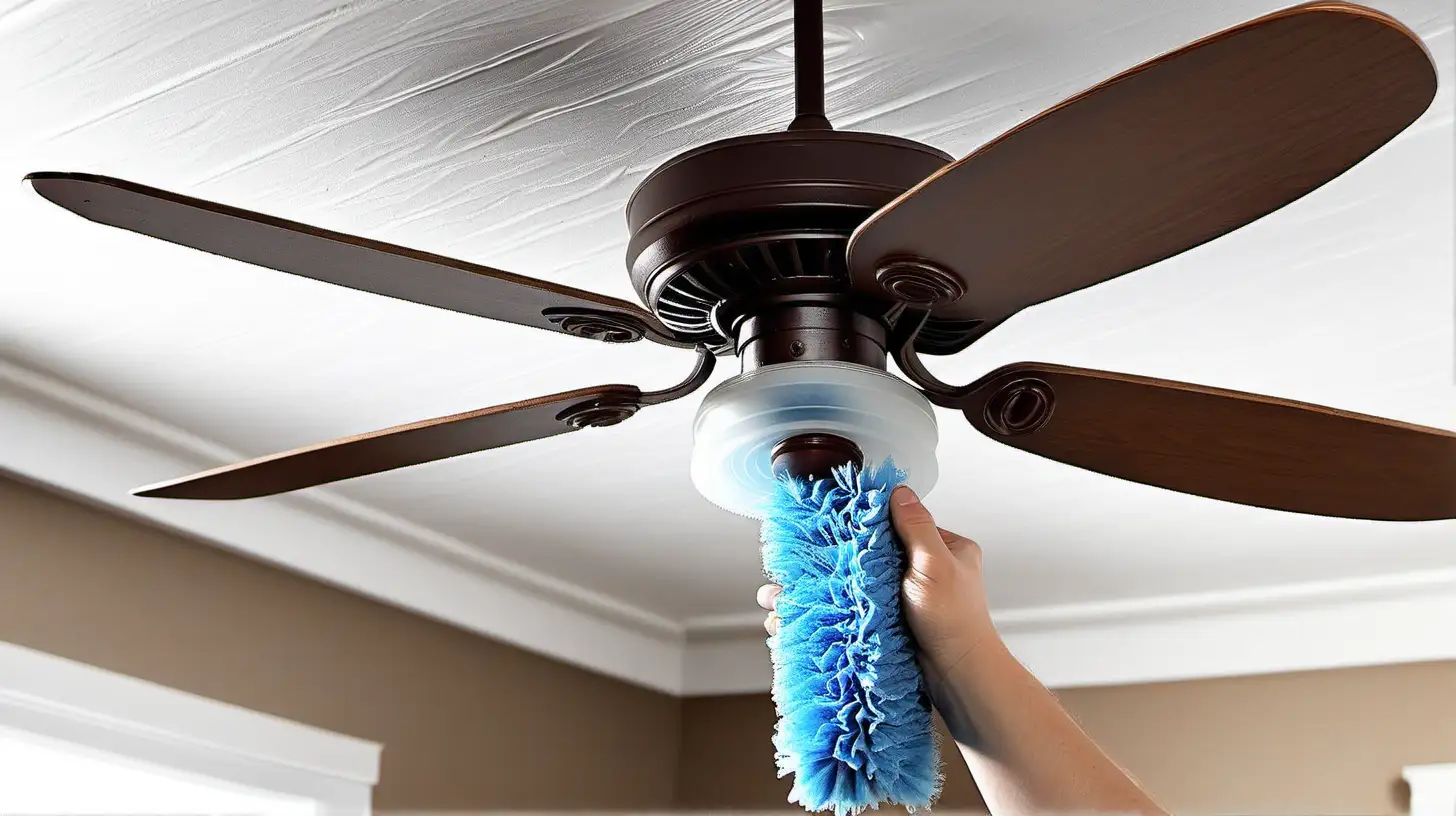 Cleaning ceiling fan with blue duster on long wood stick. 