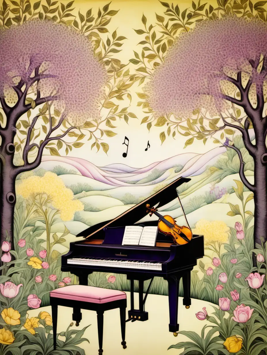 威廉・莫里斯畫風,畫花,小提琴,鋼琴,在粉色,黃色,一點紫色,一點點綠葉,春天背景前,呈現夢幻感覺