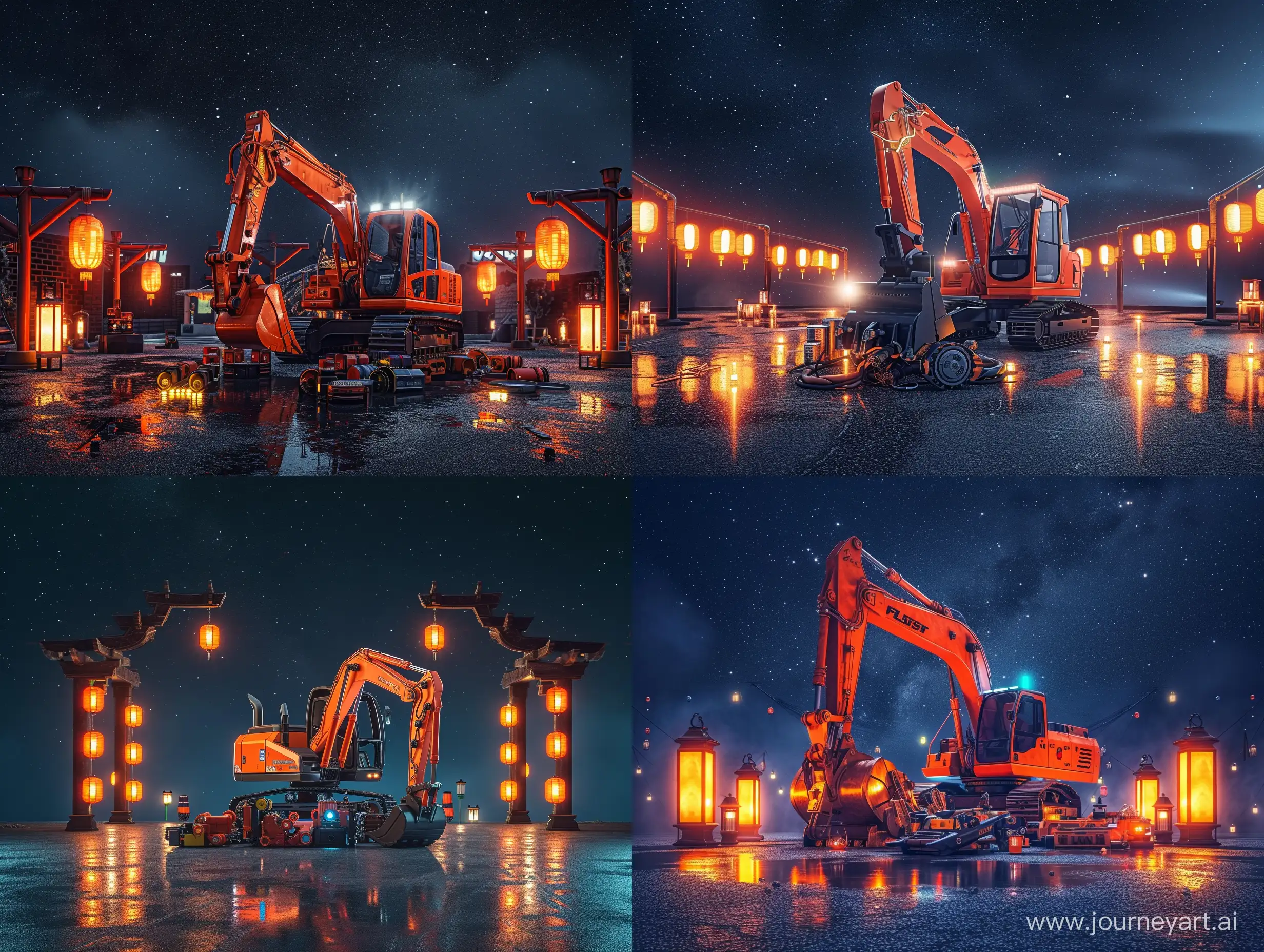 Vibrant-Orange-Mini-Excavator-Under-Starry-Night-Sky-with-Neon-Lights