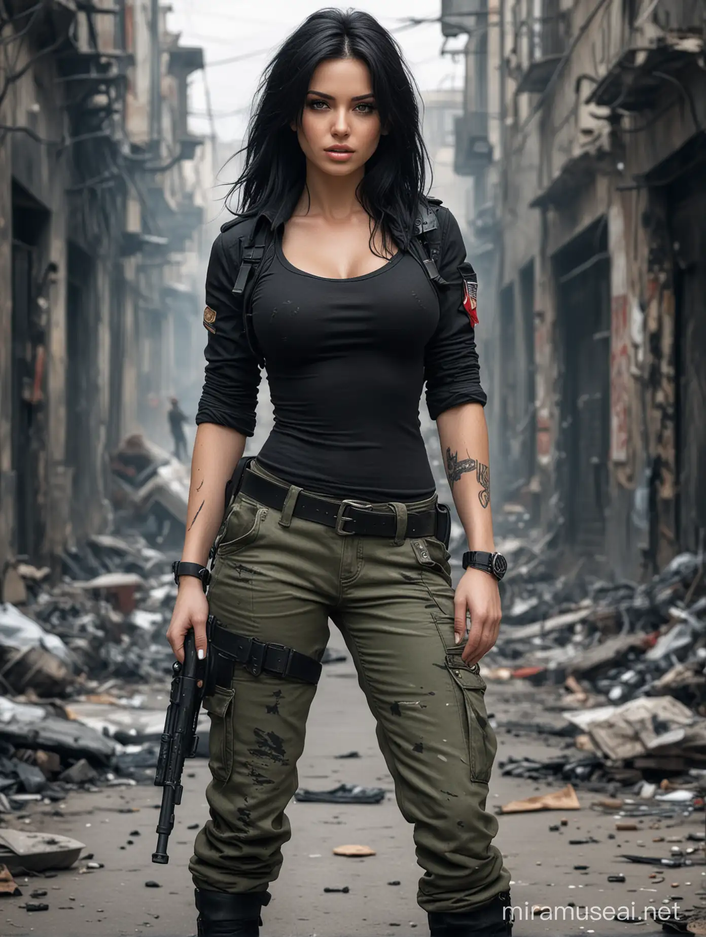 Ultra realistic, white skin, black hair, beautiful face, sexy figure, hot girl, in military pants, standing tough after brutal fight, injuries on several body parts, on street