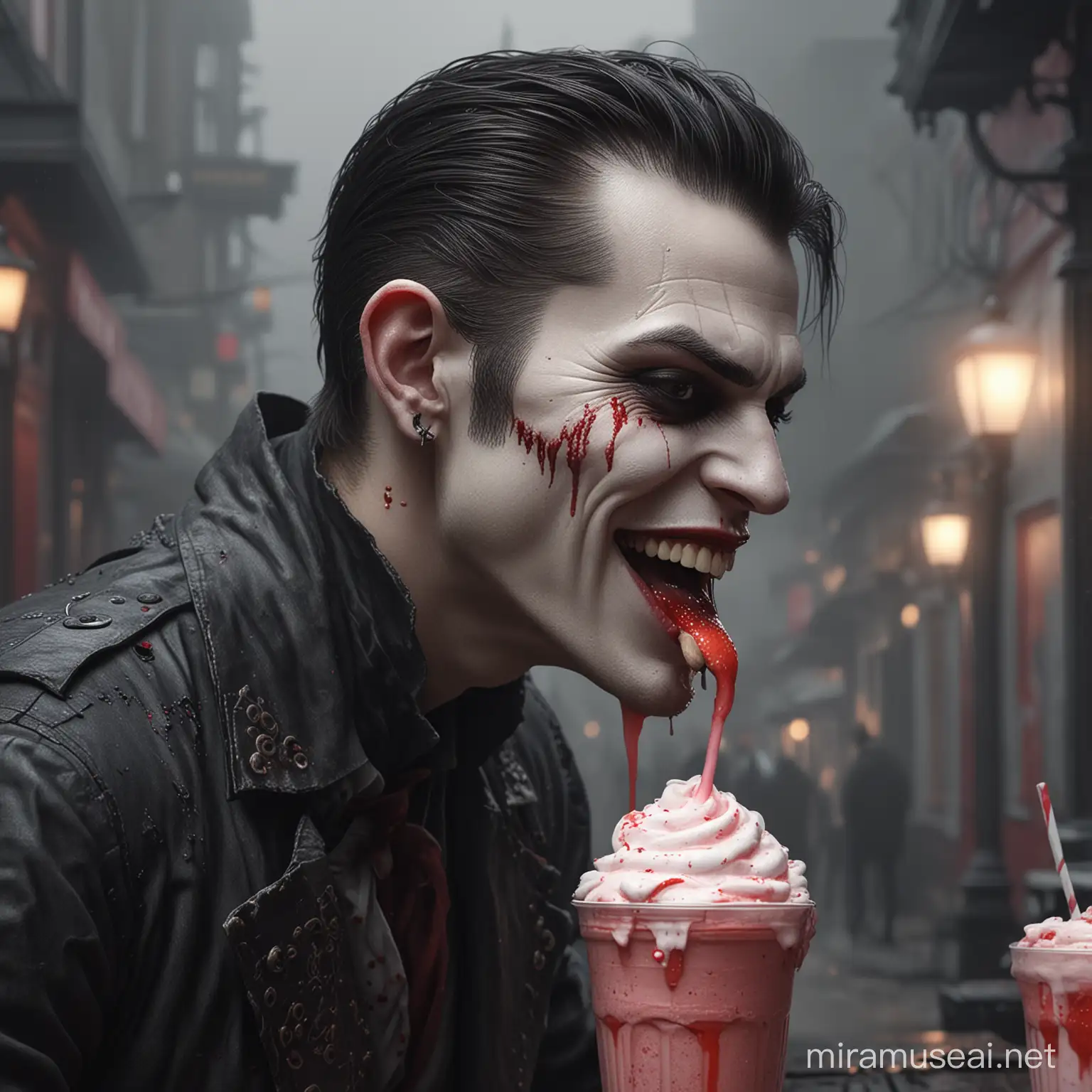 Victorian Vampire Enjoying a Strawberry Milkshake in a Burger Joint