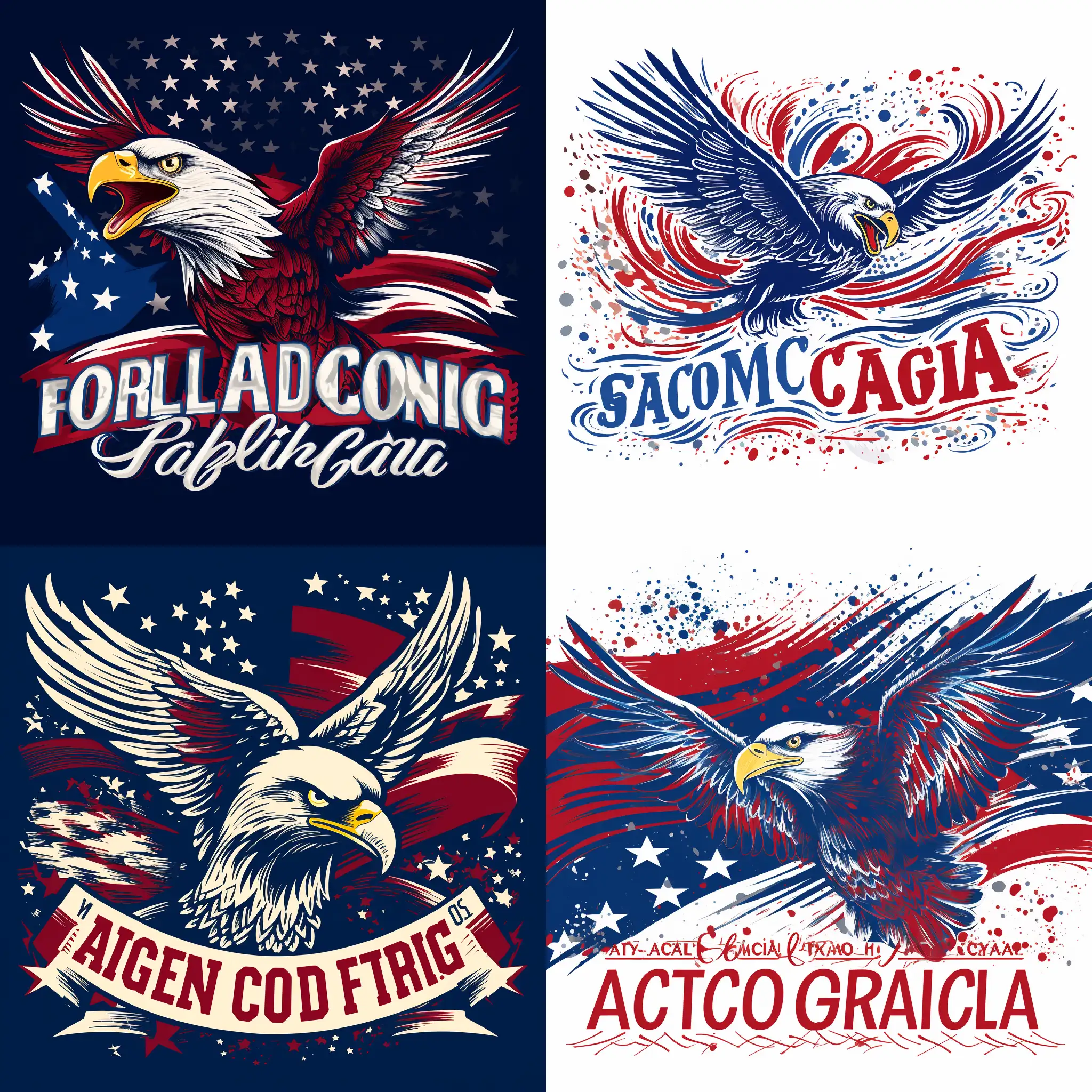 Action: Design a creative Artwork to ensures that the design is patriotic, respectful, and appealing, capturing the essence of American pride in a wearable form. 

Patriotic Slogan: Eagles Soaring, Fireworks Roaring, That's My America

Color Scheme: Stick to the traditional colors of the American flag: red, white, and blue. 

Typography: Select a font that is bold and legible, possibly with a traditional touch. Ensure the font complements the overall design without overpowering it. The text should be easily readable from a distance. Experiment with fonts and placements to ensure your message stands out. 

Additional Graphics: Subtly include other patriotic symbols like a silhouette of the Bald Eagle or a small Liberty Bell. Place these additional elements in a way that supports the main design. The text and imagery should work together harmoniously.

Humor and Puns: Use puns that are relevant to the theme of design. Ensure that the humor enhances the design and doesn't overshadow the overall aesthetic.

Placement: Pay attention to placement of Artwork in center and keep 10mm margin all around the design.

Background: Pure white background.