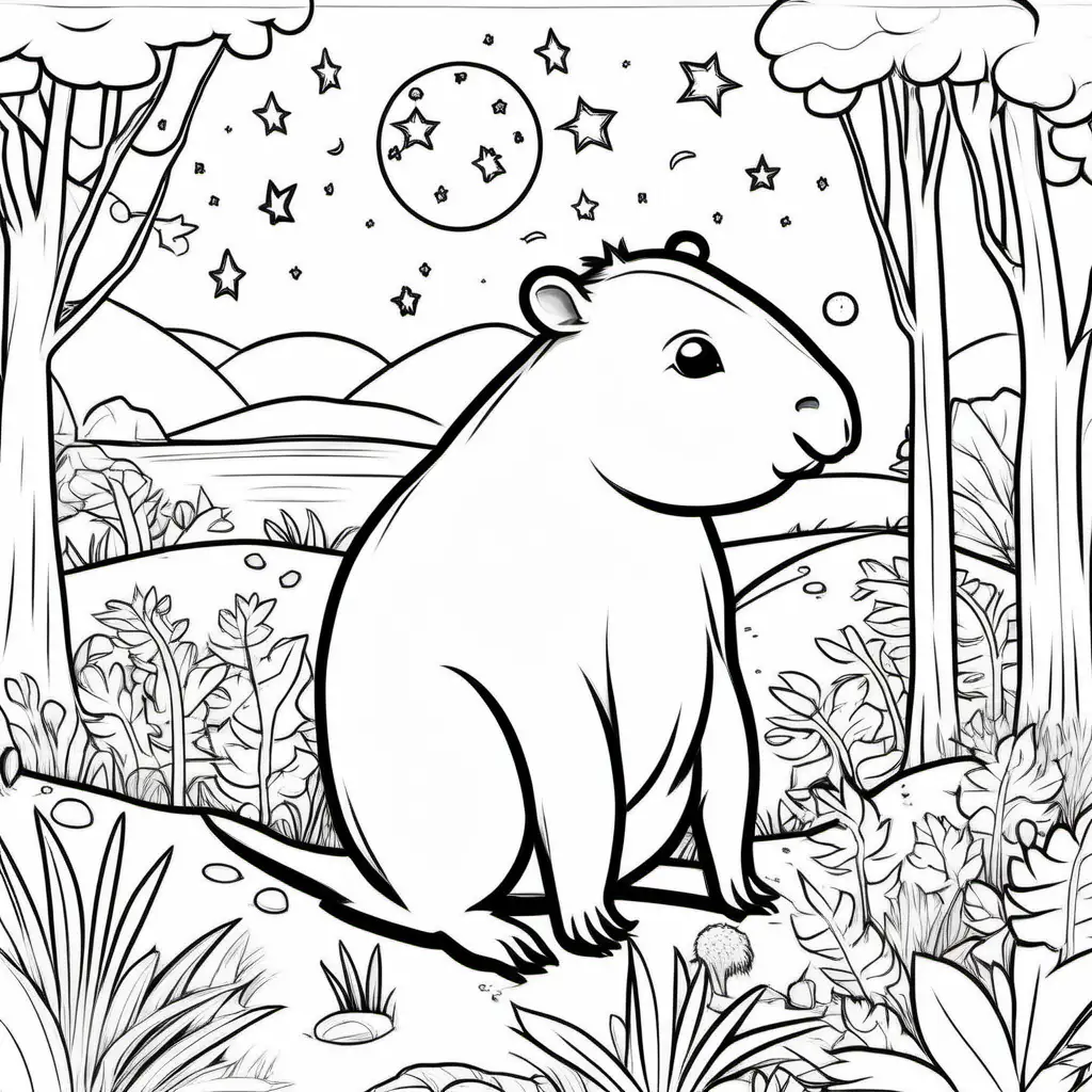 imagine prompt: Illustrate a heartwarming scene for a 5-year-old's colouring book, portraying an adorable kawaii capybara that is eating, against a background of jungle, moon and stars ; opt for pronounced outer lines without any filling, Illustration, digital art with a stylus and tablet, only black and white