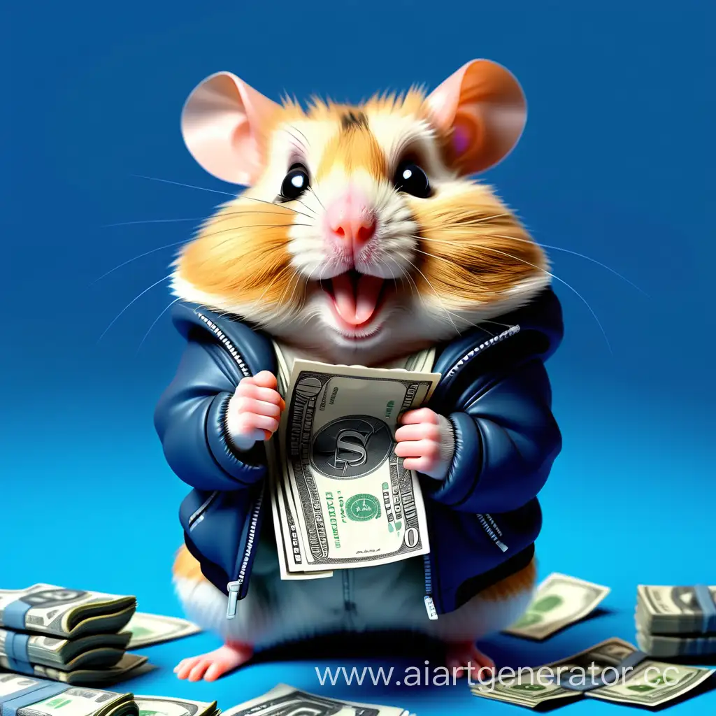 Content-Hamster-Wearing-Jacket-with-Cash-Stack-on-Blue-Background