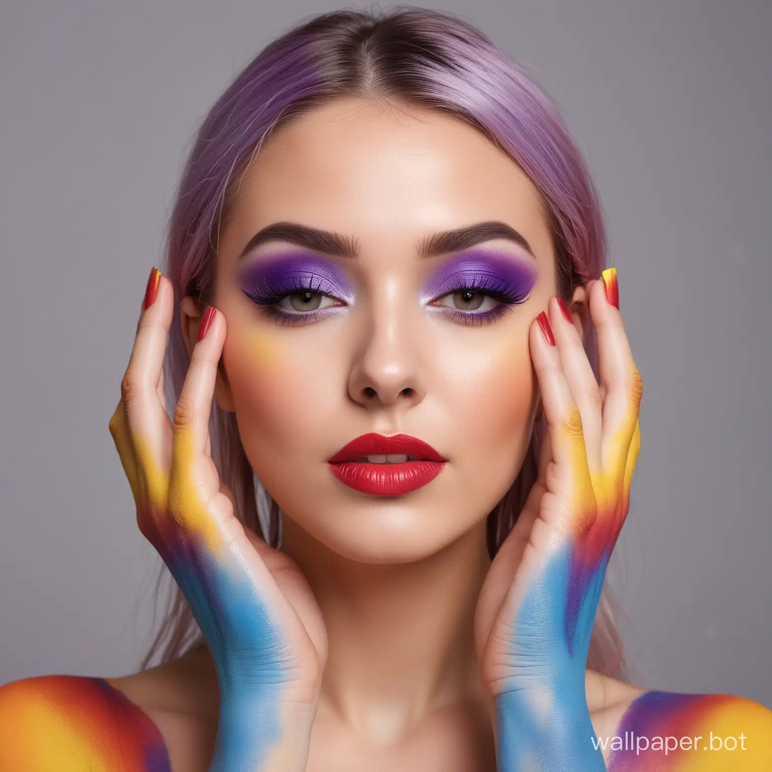 woman with blue,red,purple and yellow make up , she is touching her face with her hands, more backgrond space