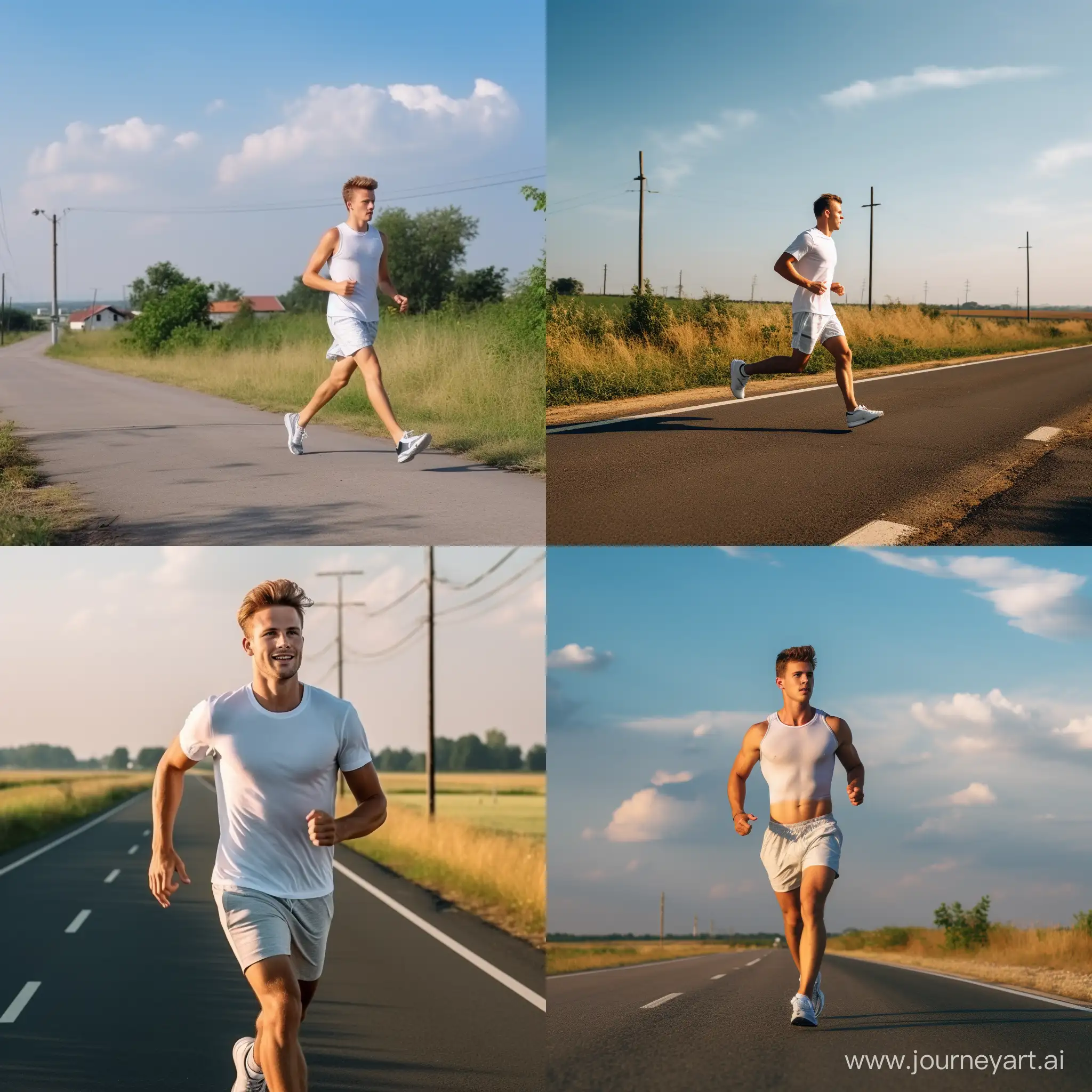 a man is doing sports, a man in a white T-shirt and blue shorts is running along the road against the background of the morning