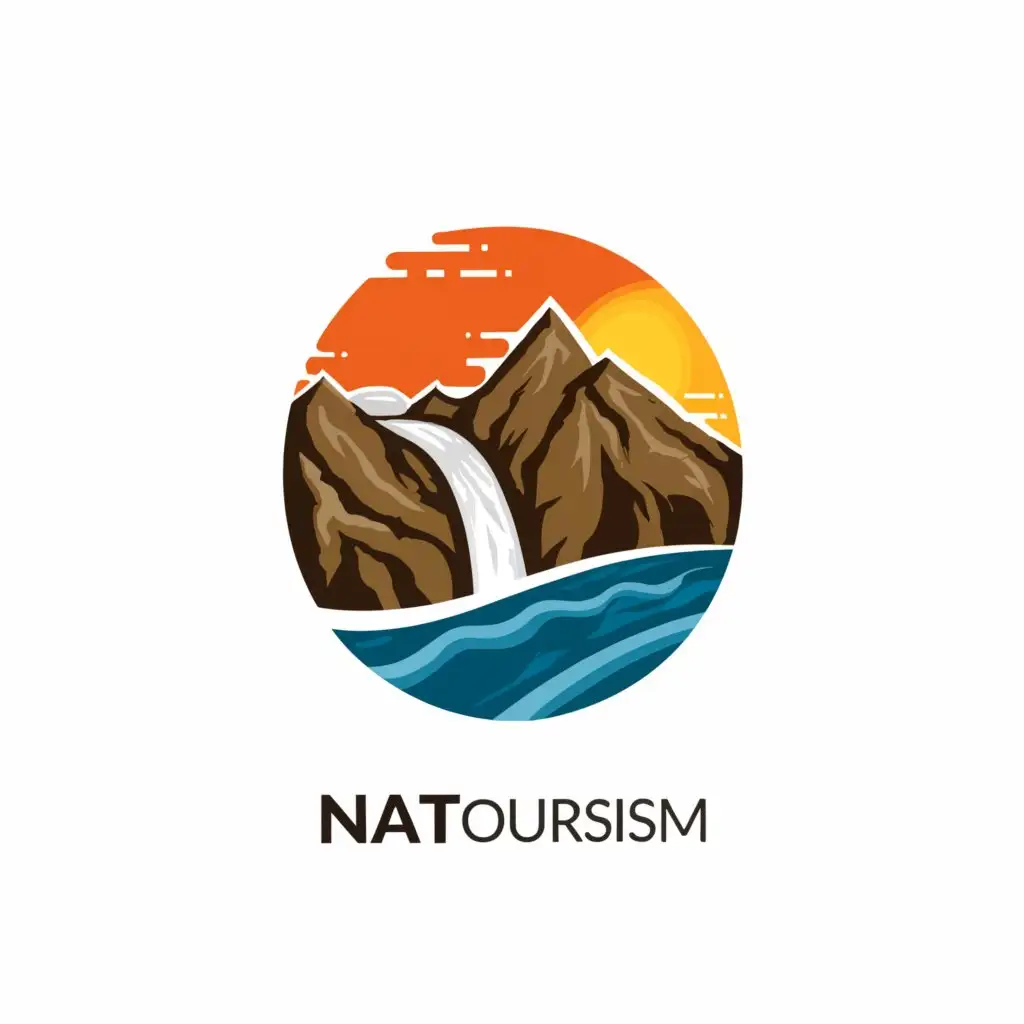 a logo design,with the text "NATOURISM", main symbol:Mountain Waterfall Sunrise,Moderate,be used in Travel industry,clear background