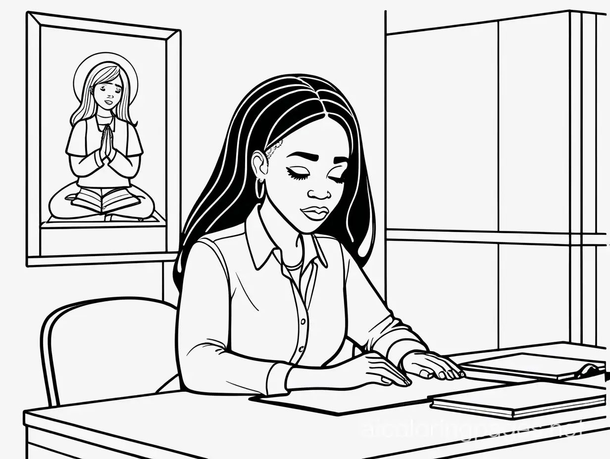 black   businesswomen with straight hair sitting at her desk praying. , Coloring Page, black and white, line art, white background, Simplicity, Ample White Space. The background of the coloring page is plain white to make it easy for young children to color within the lines. The outlines of all the subjects are easy to distinguish, making it simple for kids to color without too much difficulty