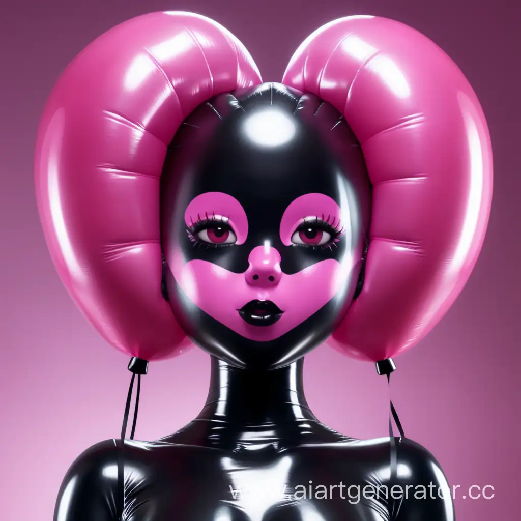 Латексная девушка с надувной черной латексной кожей. с черным латексным лицом. с розовыми надувными резиновыми волосами с розовыми сердечками на щеках.