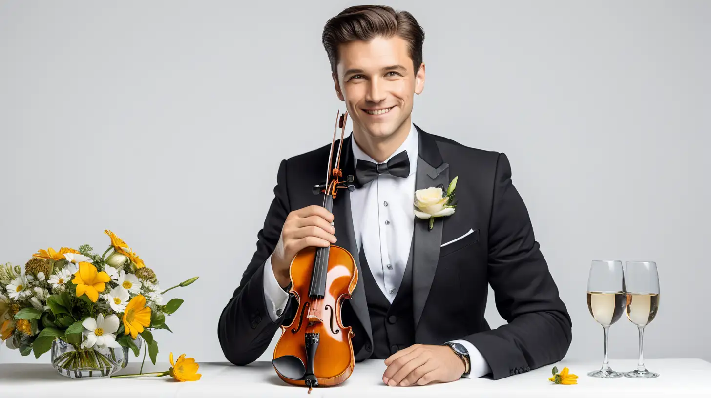 on a white background, a handsome thirty-year-old man brunette in a tuxedo stands next to an elegant table and smiles charmingly, a violin and flowers are lying on the table