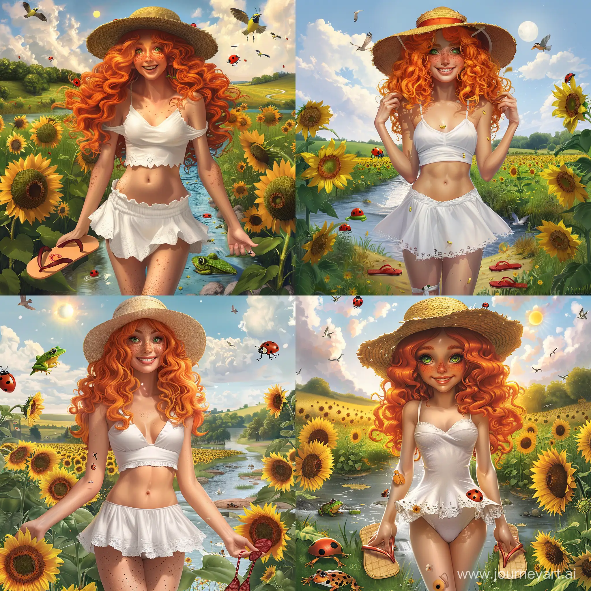 full body, 1woman, orange hair, curls,  freckles, green eyes, straw hat, short white dress, flip-flops, field of sunflowers, river, ladybug, birds, frog, smile, sun, sun,photorealistic, detalid,8k