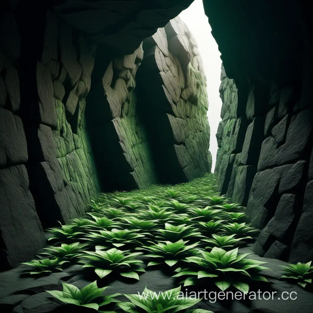 Полое пространство между скалами, на стенах росли тускло-зеленые растения, в некоторых местах были расщелины, где было темно