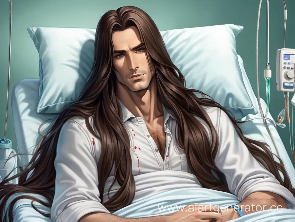 Красивый и элегантный мужчина с очень длинными коричневыми волосами в больничной койке под капельницей. В стиле Джо Джо