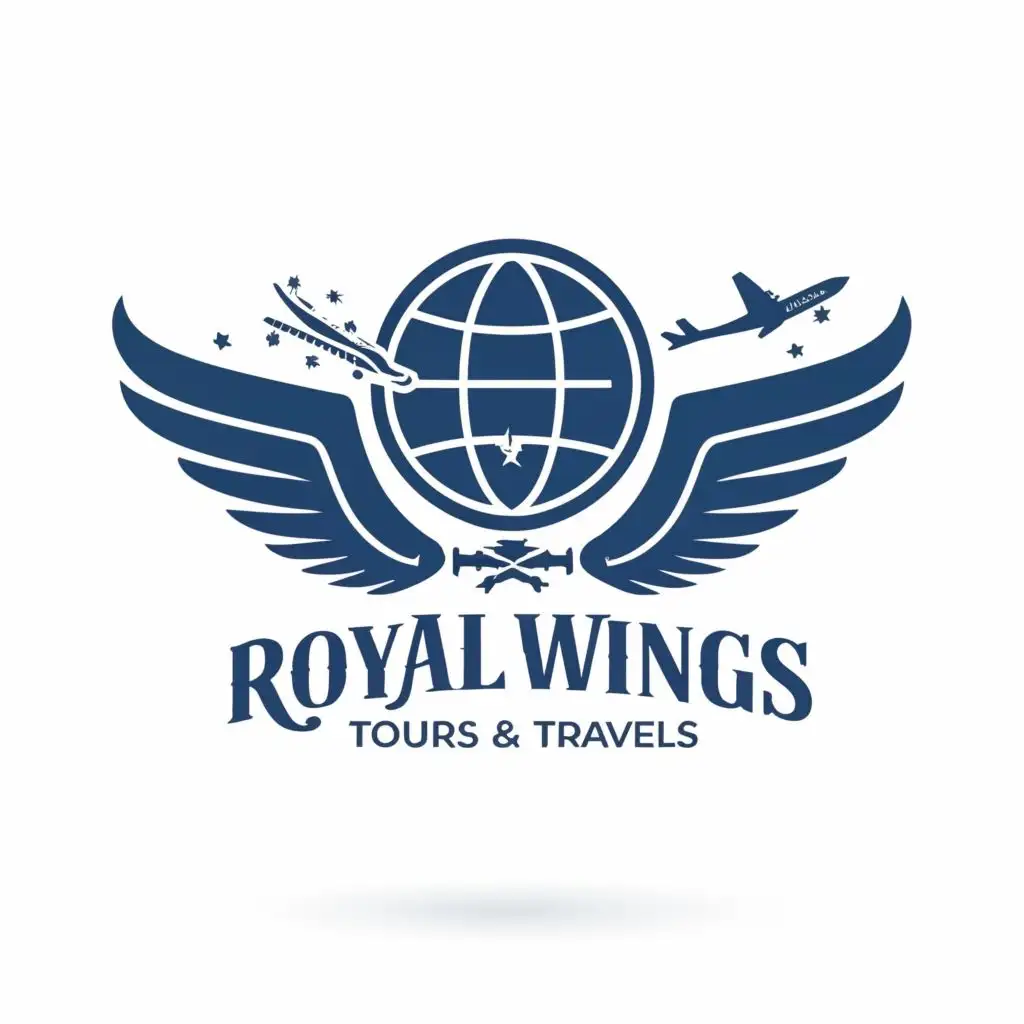 logo, Wings and globe and plane, with the text "Royal wings tours & travels", typography, be used in Travel industry