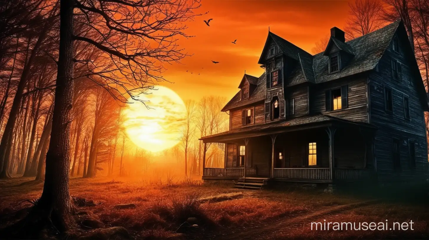 sun sets horror old house forest background