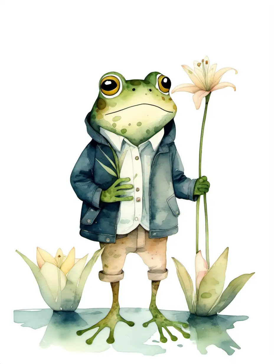 Cute frog wearing a jacket holding a lily pad, subdued colours, minimal design, white background, organic tone, watercolour, style in jon klassen,