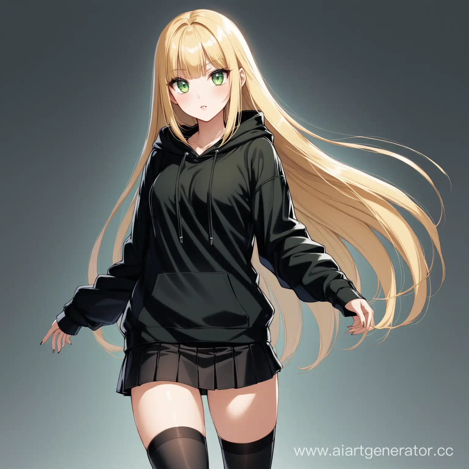 girl, big green eyes, long blonde straight hair with straight bangs, She is wearing a black hoodie and a short black skirt and stockings with black heeled boots