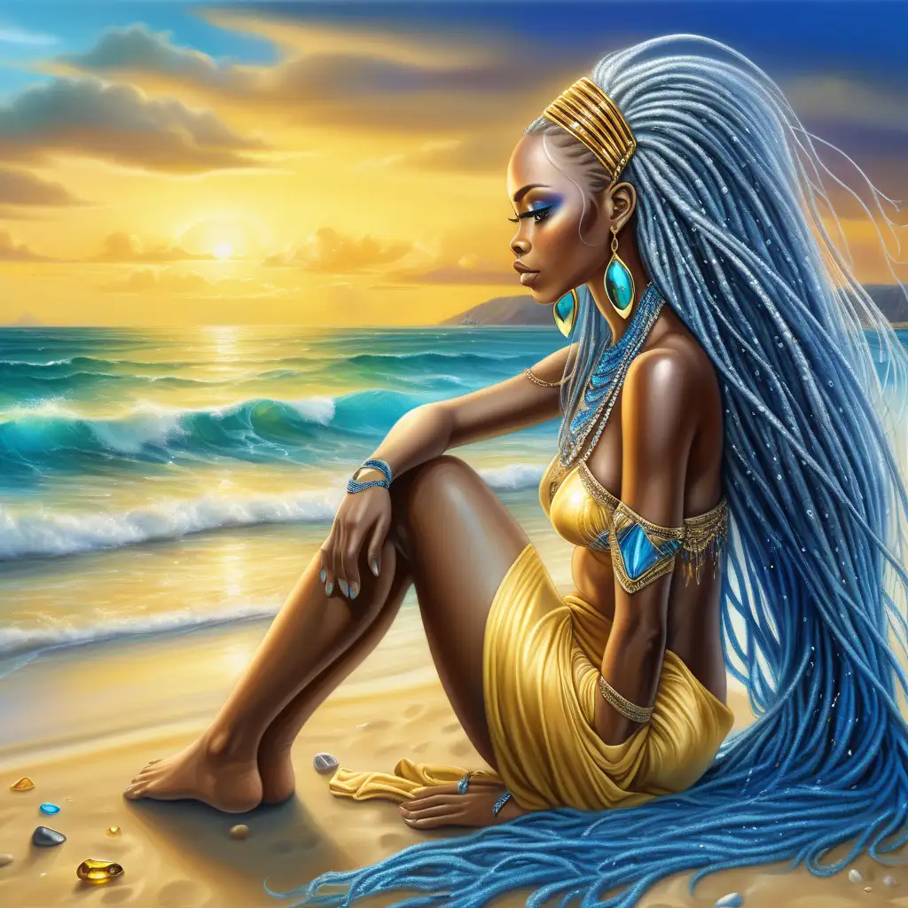 DiamondAdorned African American Woman Relaxing on Tropical Beach at Sunset