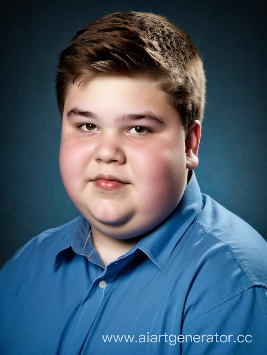 Fat boy 16 years old with short brown hair in a blue shirt