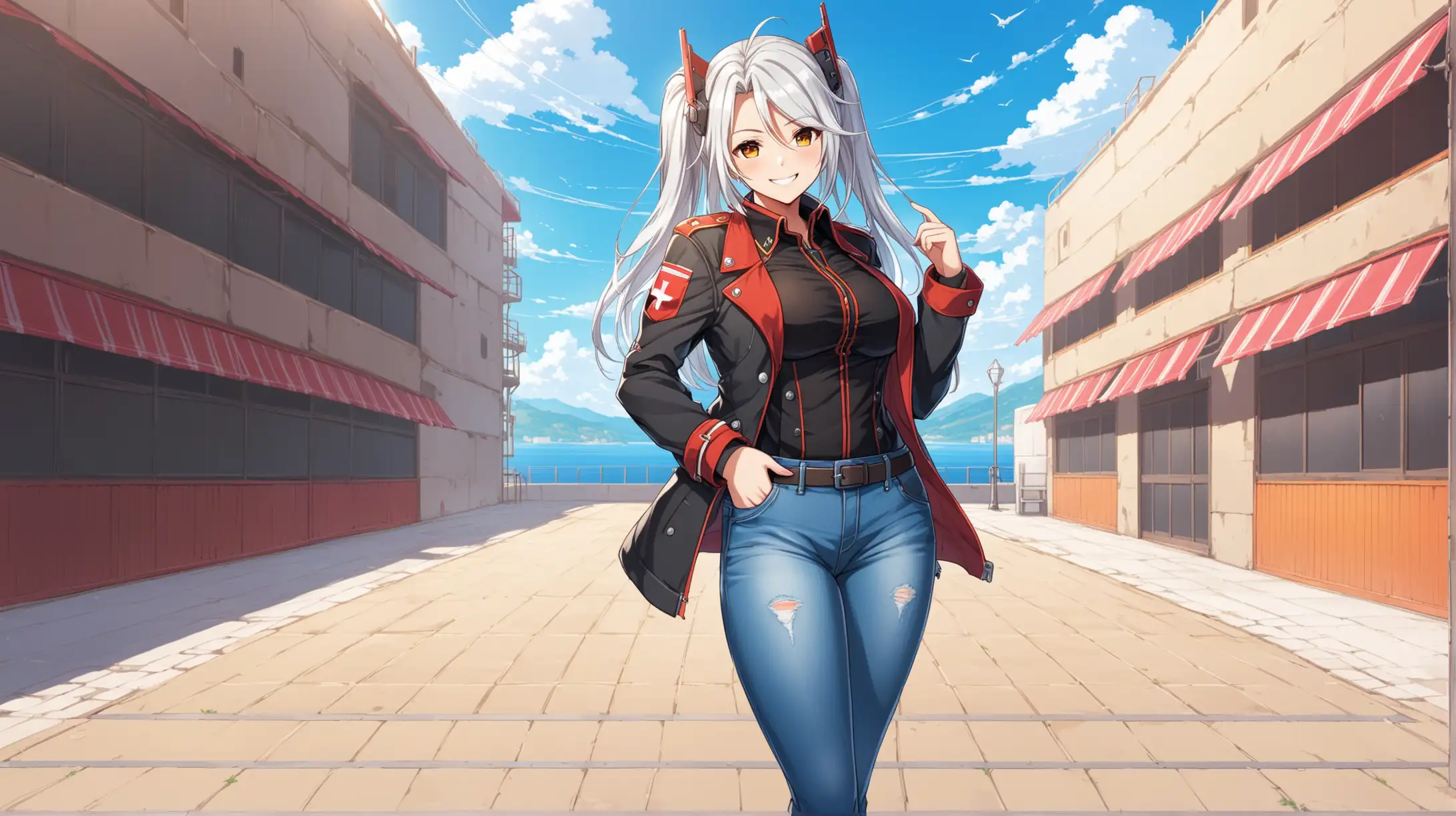 Draw the character Prinz Eugen from the game Azur Lane standing alone outside on a sunny day wearing jeans and a jacket while smiling at the viewer