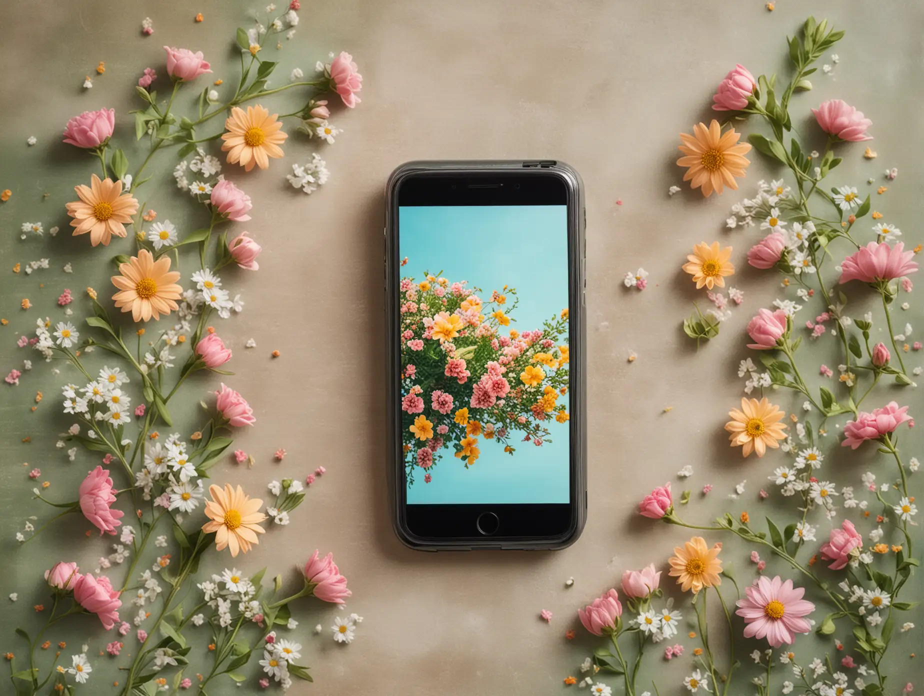 Cell phone with flowers around the outside as a frame around the cell phone on a spring background 
