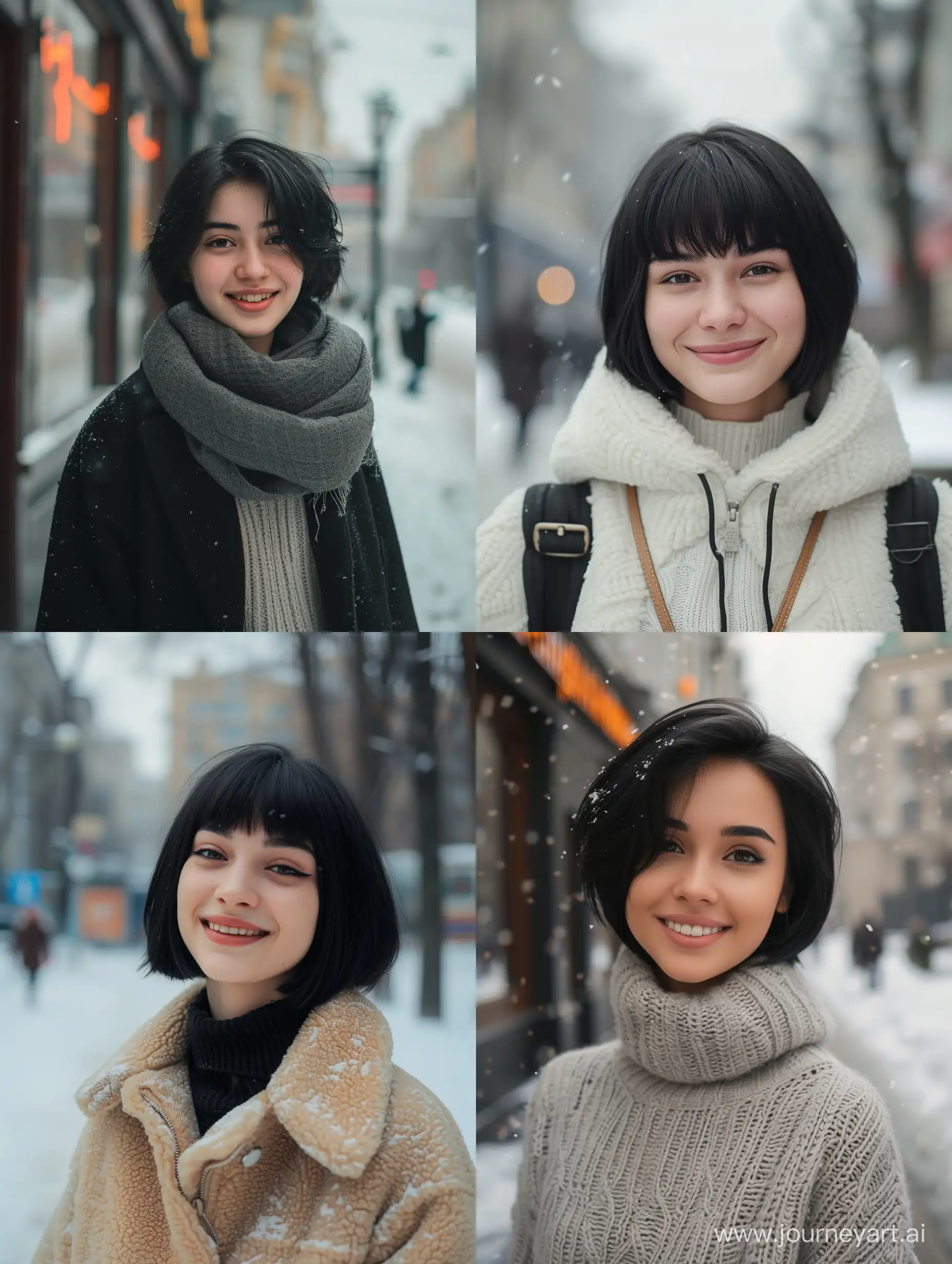 photo portrait of a 18 years old russian girl ,  winter moscow street, black short hair, smile
