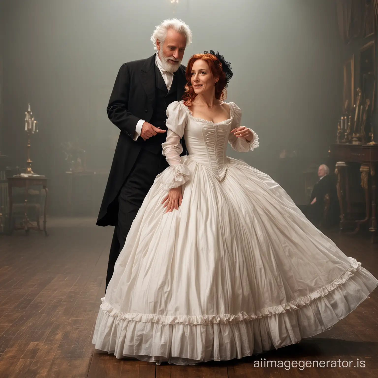 red hair Gillian Anderson wearing a dark brown floor-length loose billowing 1860 victorian crinoline poofy dress with a frilly bonnet dancing with an old man dressed into a black victorian suit who seems to be her newlywed husband