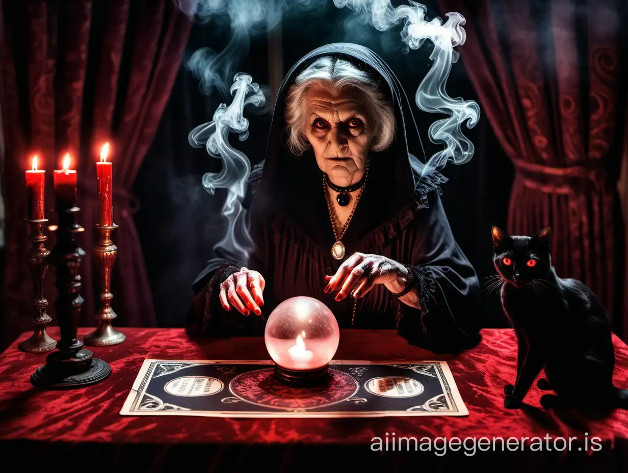 Victorian era, evil old old woman fortune teller at table with smoke, crystal ball, old Milton Bradley Ouiji board, black cat, lit candles, long red velvet curtains, thunderstorm, spooky cinematic