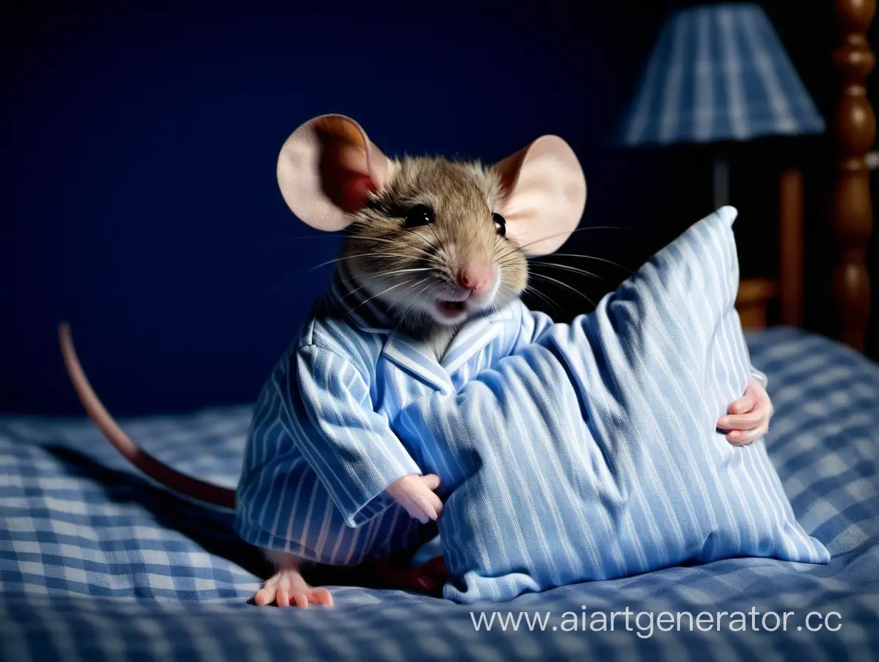 Little mouse with pillow in pyjamas at night