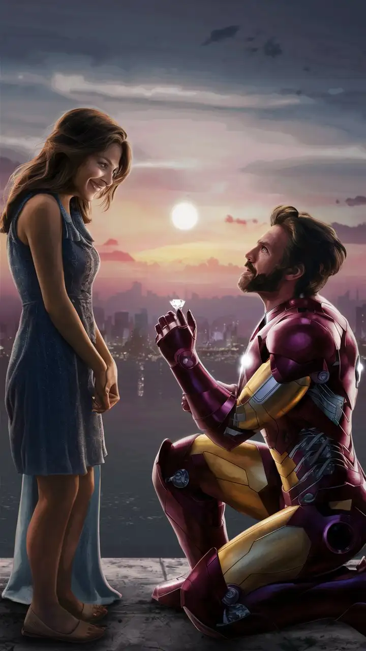 Iron man on his knees proposing to his girlfriend with a ring 