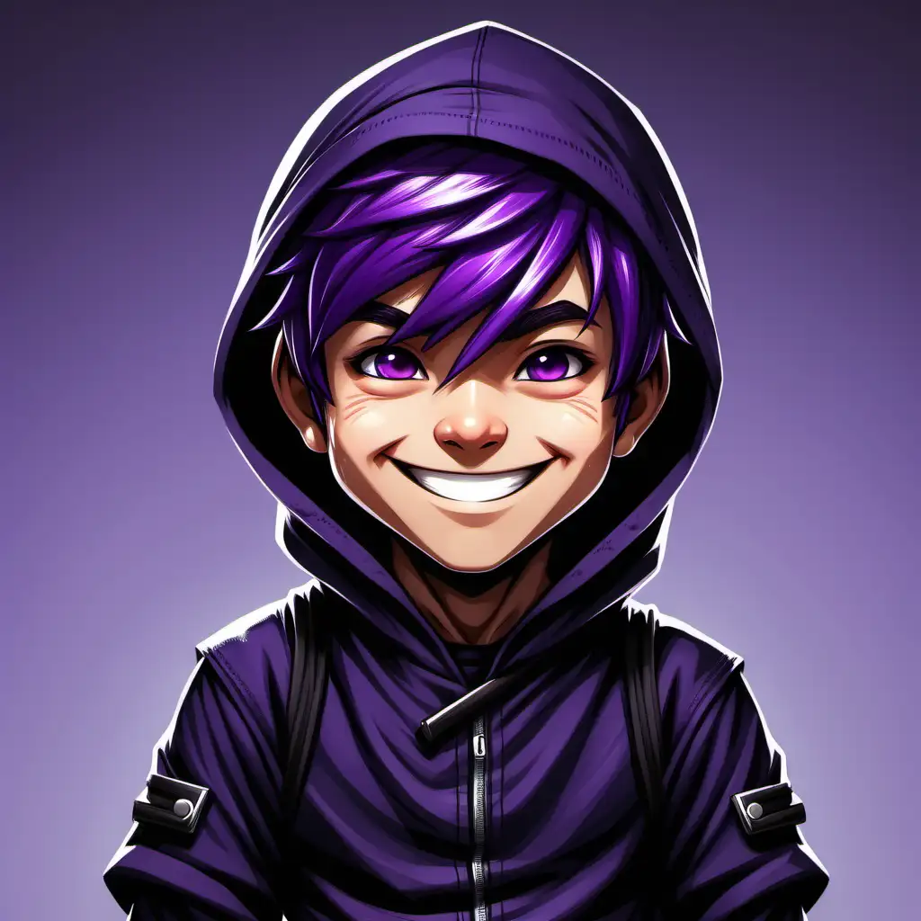 A cute, smiling, ninja boy, purple hair under his hood, wearing a black ninja suit 