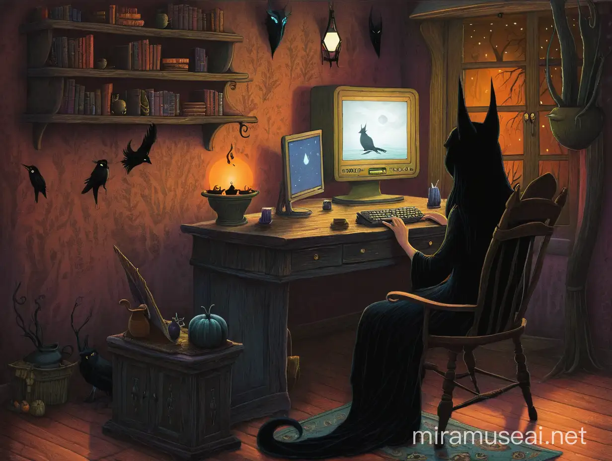 Ведьма сидит в комнате за компьютером, style by Andy Kehoe