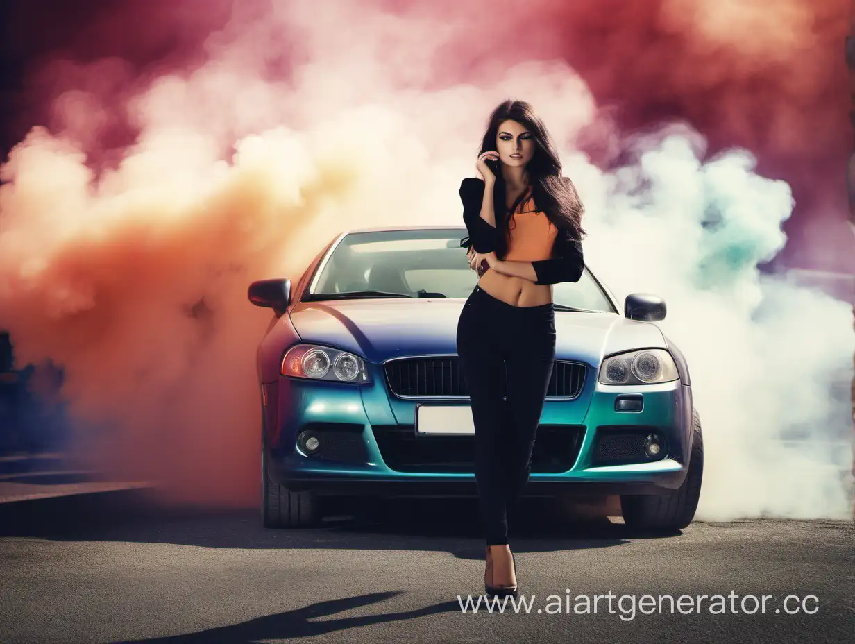 Stylish-Brunette-Woman-Posing-with-Car-and-Cash-Amid-Vibrant-Smoke