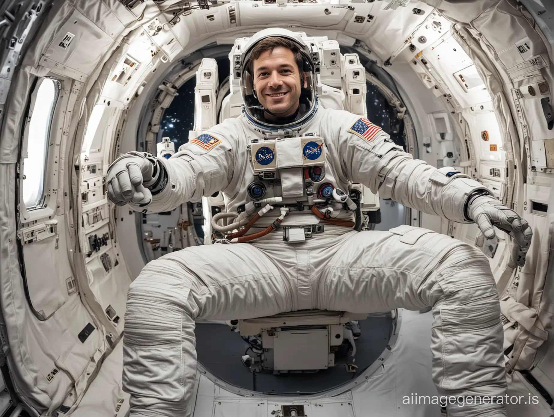 astronaut sitting in front and say hi full body