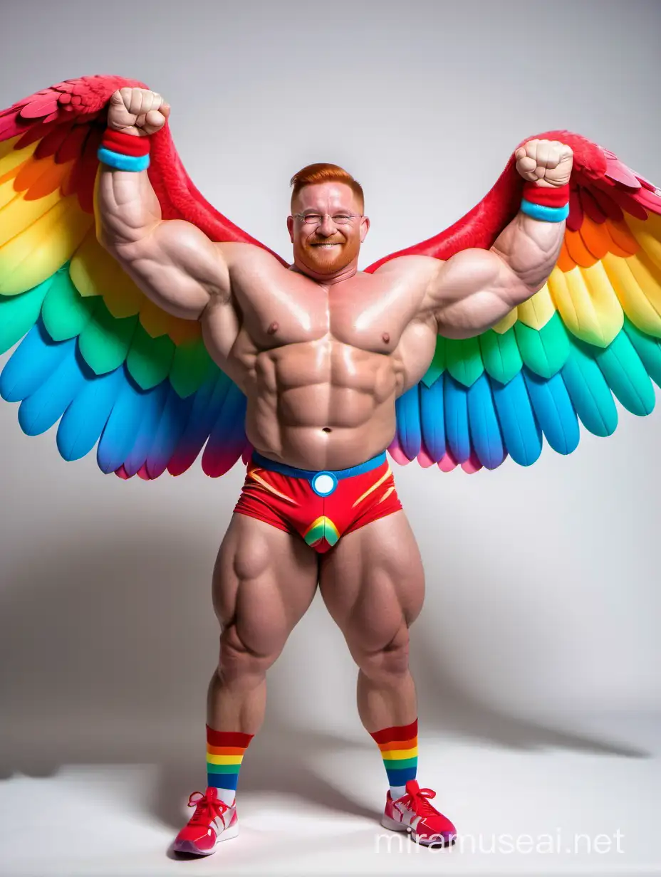Studio Light Topless 30s Ultra Chunky Red Head Bodybuilder Daddy Wearing Multi-Highlighter Bright Rainbow Colored See Through huge Eagle Wings Shoulder Jacket short shorts and Flexing his Big Strong Arm Up with Doraemon